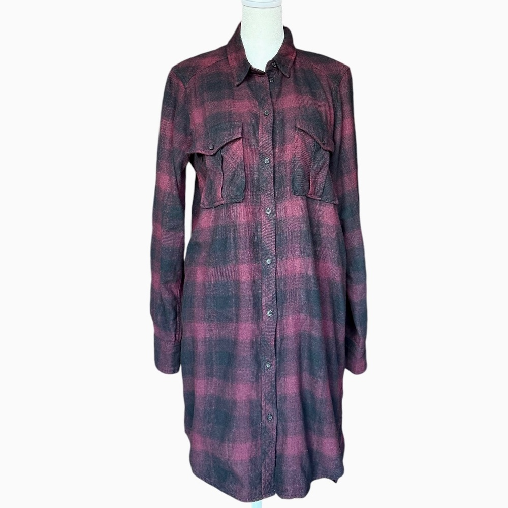 Aritzia Wilfred Free Veronika Flannel Black Plaid Button Front Shirt Dress Sz S